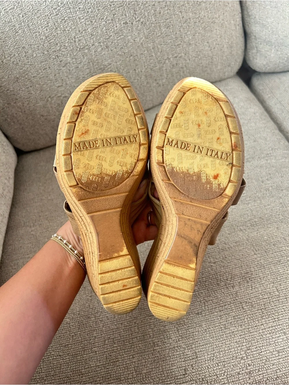 Italian Shoemakers Tan Wedge Slide Sandals with Cork Heels - Made in Italy - 7.5